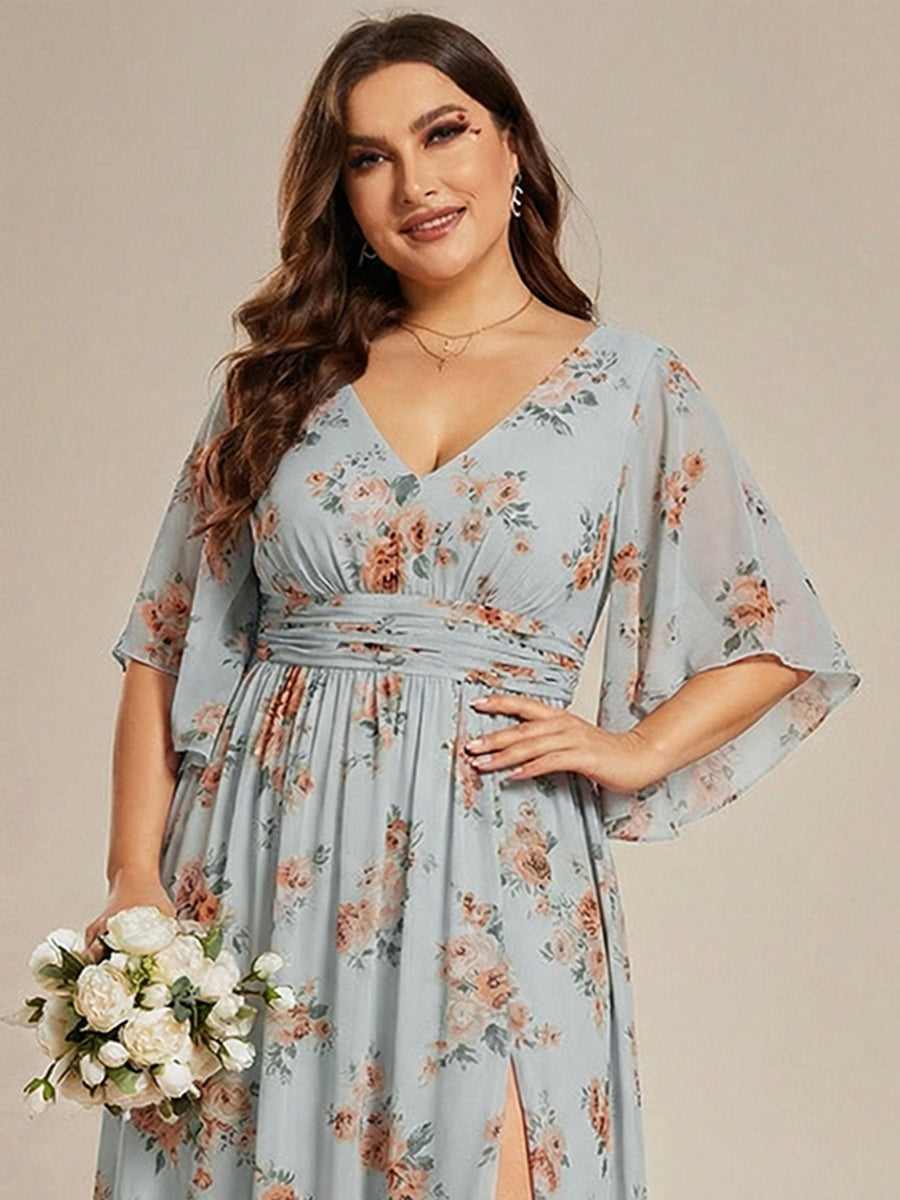 pretty ELYAN|Plus Size Printed Half Sleeve Pleated A-Line Chiffon Wedding Guest Dress