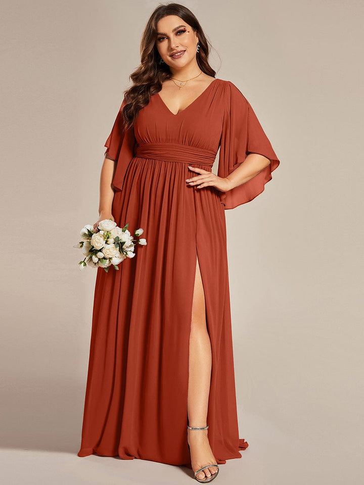 pretty ELYAN|Plus Size Printed Half Sleeve Pleated A-Line Chiffon Wedding Guest Dress