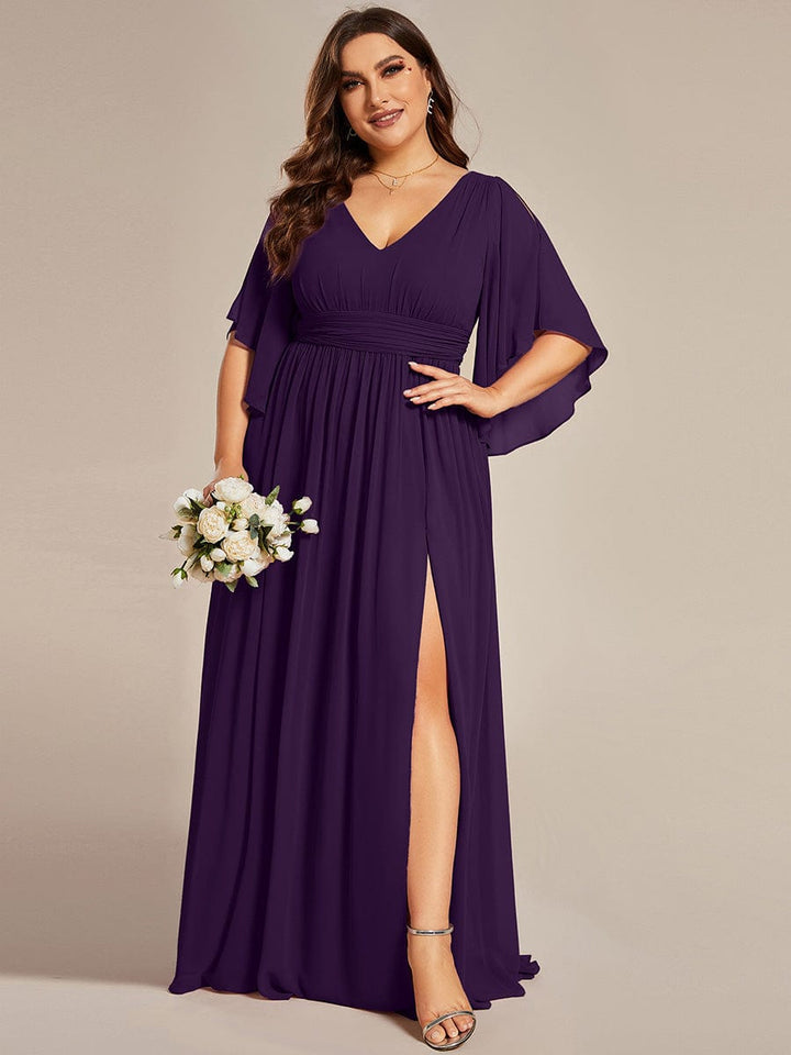 pretty ELYAN|Plus Size Printed Half Sleeve Pleated A-Line Chiffon Wedding Guest Dress