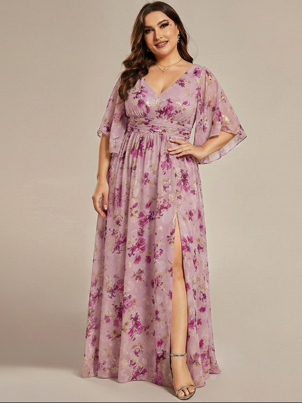 pretty ELYAN|Plus Size Printed Half Sleeve Pleated A-Line Chiffon Wedding Guest Dress