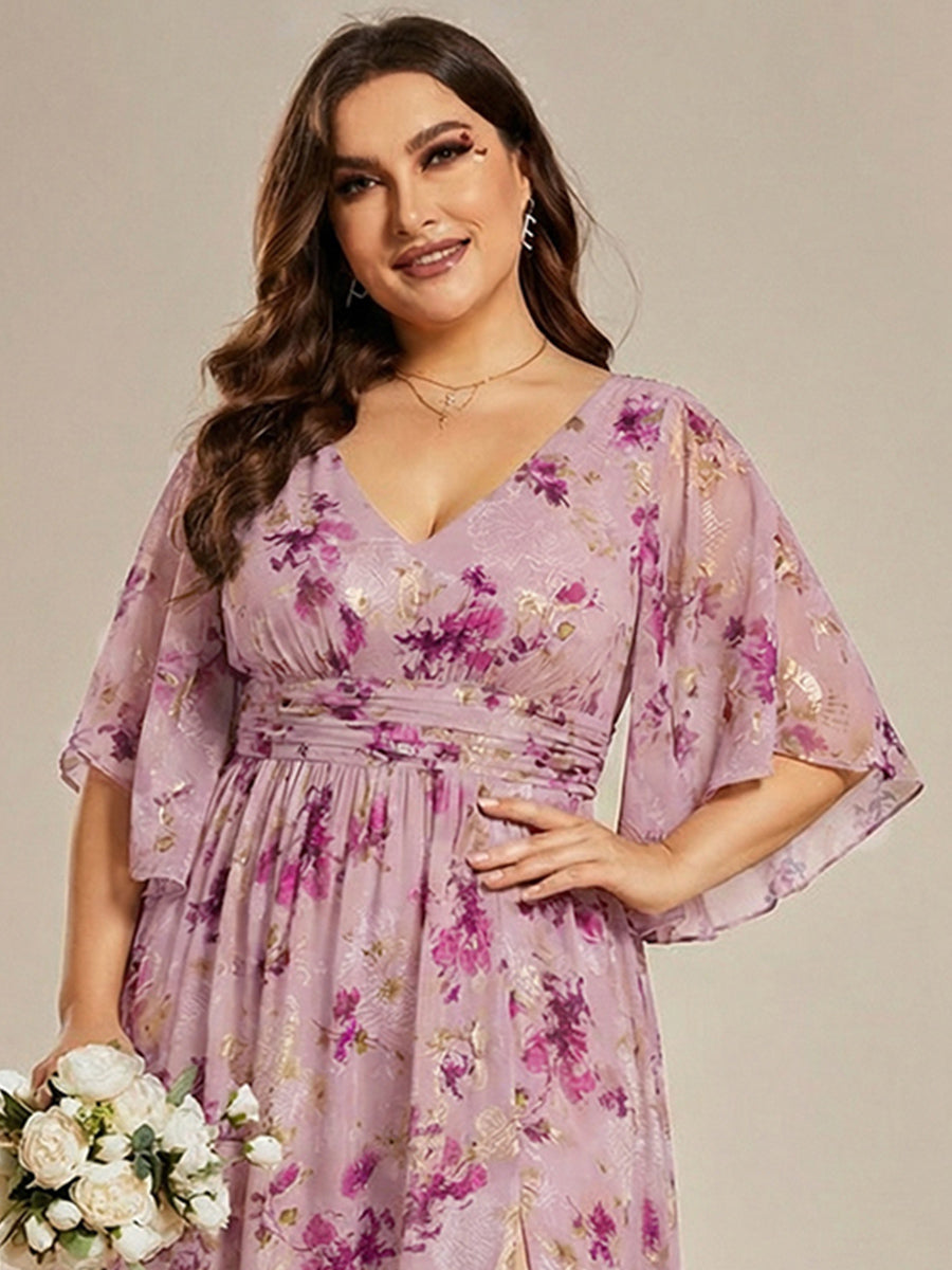 pretty ELYAN|Plus Size Printed Half Sleeve Pleated A-Line Chiffon Wedding Guest Dress