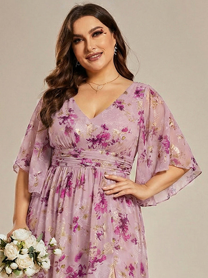 pretty ELYAN|Plus Size Half Sleeve Pleated A-Line V-Neck Chiffon Bridesmaid Dress