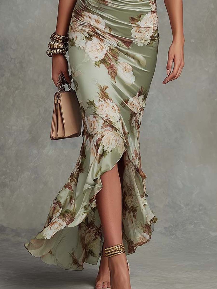 Anna | Robe Longue Asymétrique en Satin Vert à Col V, Manches Bouffantes et Imprimé Floral