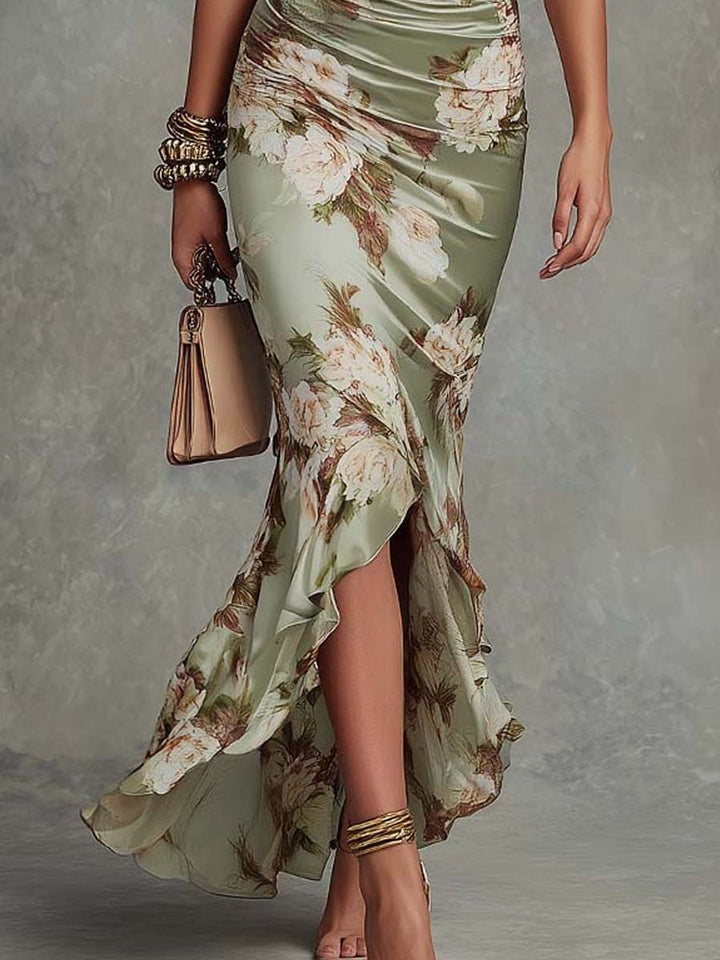 Anna | Robe Longue Asymétrique en Satin Vert à Col V, Manches Bouffantes et Imprimé Floral