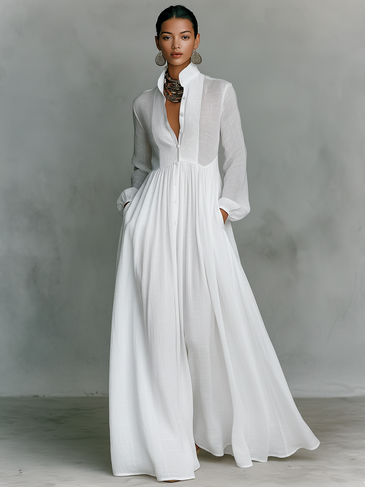 Patchwork Maxi Dress Stand Collar