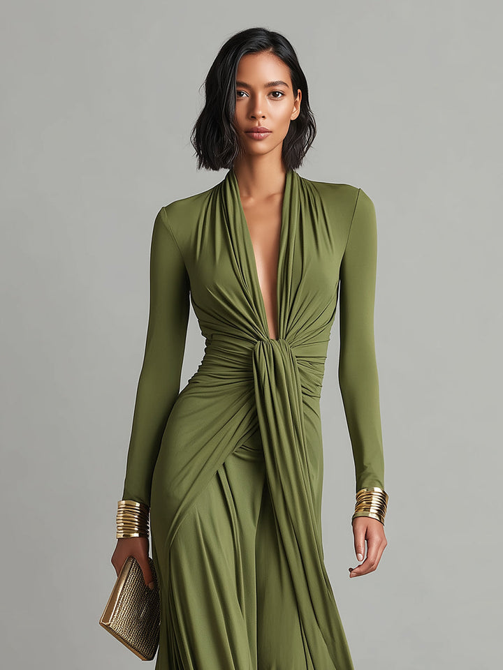 Olive Silk Maxi Dress with V-Neck