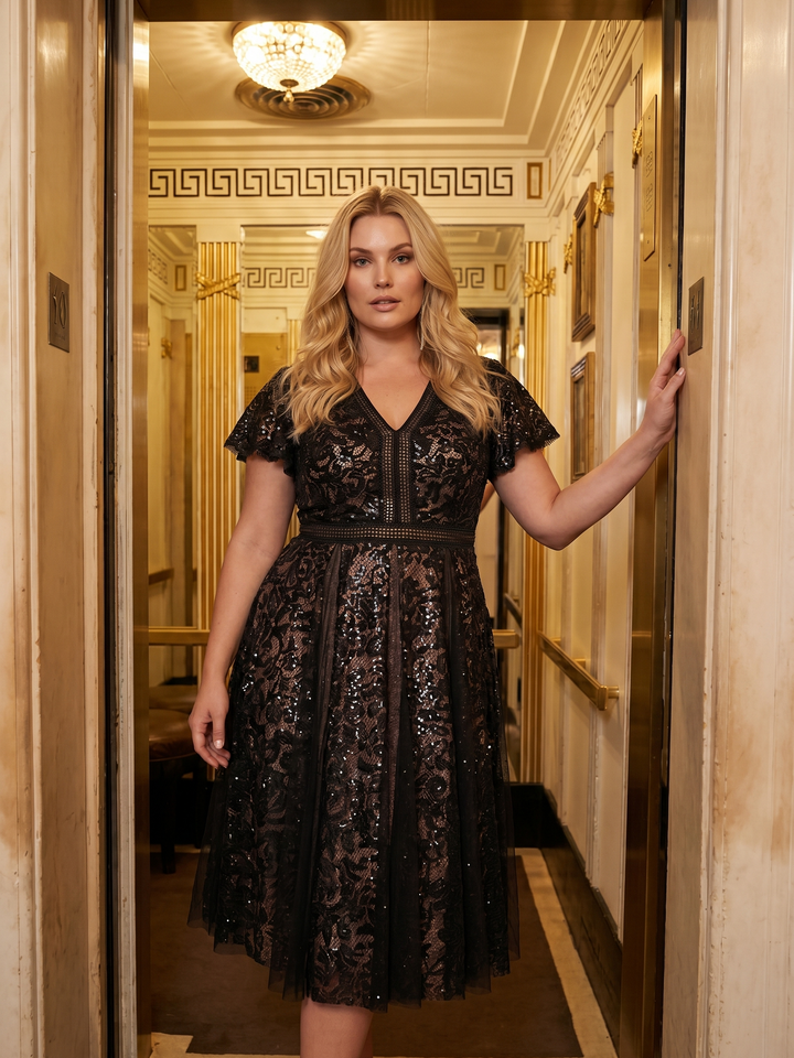 Plus Size Lace Ruffle Sleeve Wedding Guest Dress