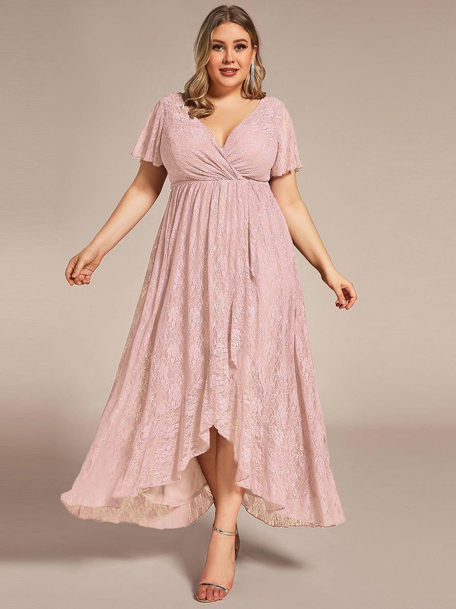 ever ELISE|Pleated V-Neck Short Sleeve Ruffled Lace Wedding Guest Dress