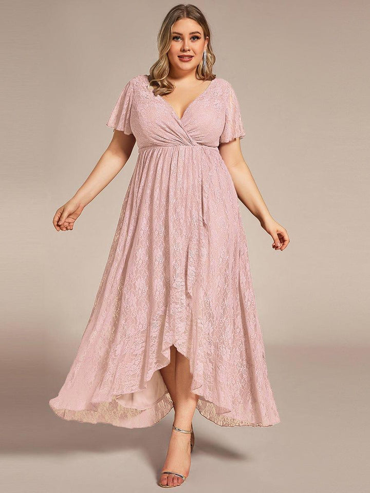 ever ELISE|Pleated V-Neck Short Sleeve Ruffled Lace Wedding Guest Dress