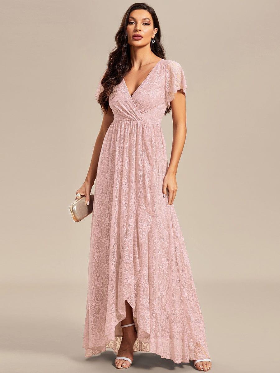ever ELISE|Pleated V-Neck Short Sleeve Ruffled Lace Wedding Guest Dress