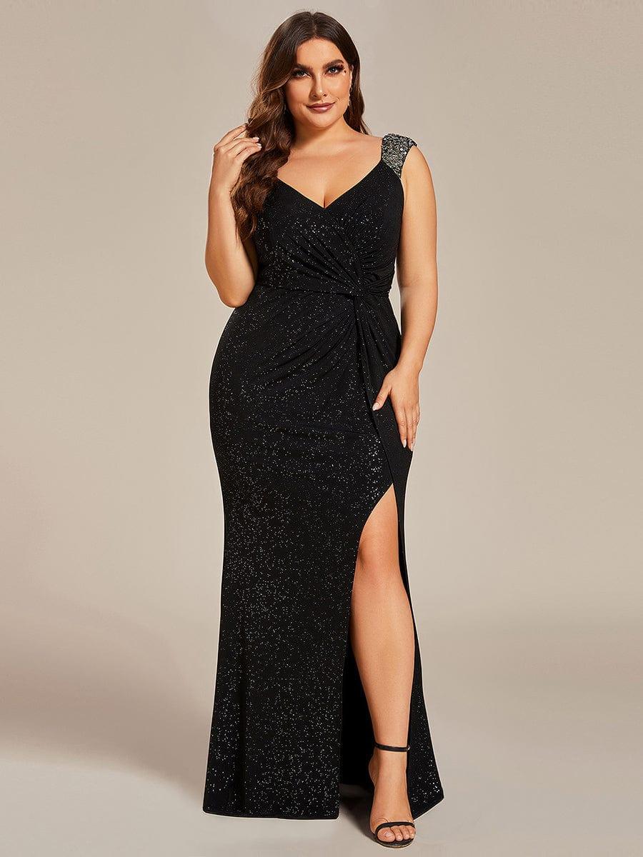 ever NOIRE|Glitter V-Neck High Slit Sequin Shoulder Strap Wedding Guest Dress