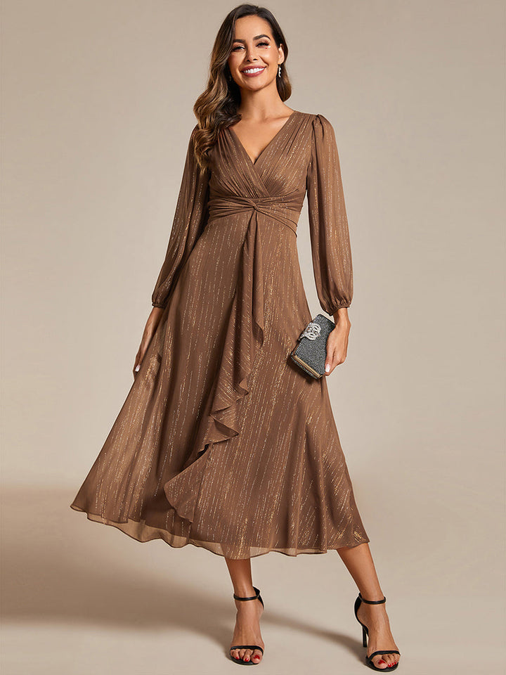 ever EMBER|Glitter Twist Knot See-Through Long Sleeve Wedding Guest Dress