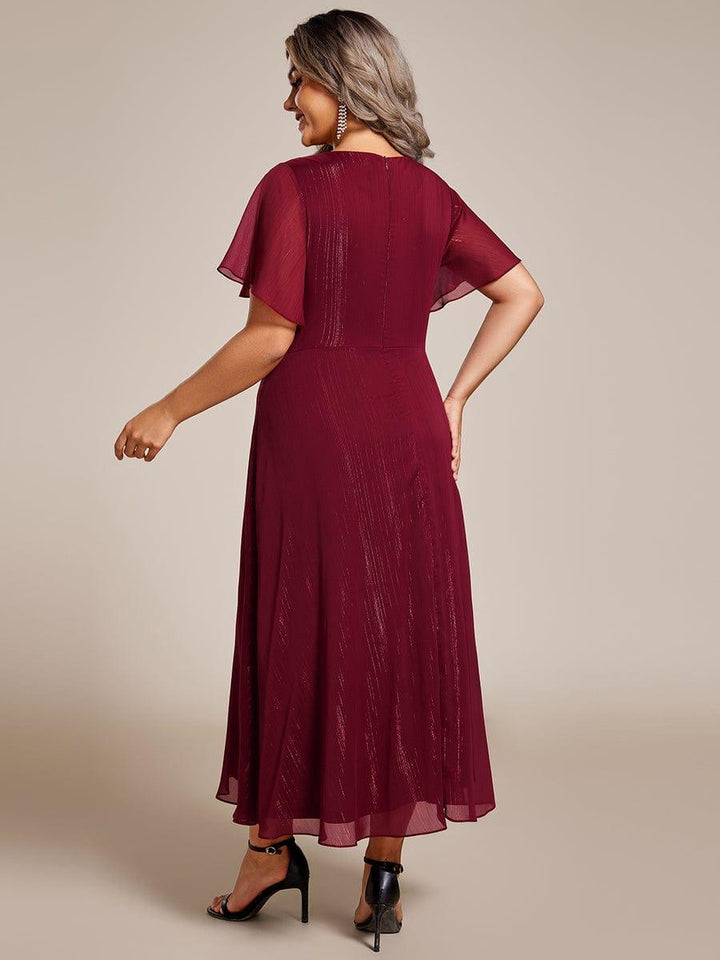 ever OPAHL|Silver Metallic Fabric V-Neck A-Line Wedding Guest Dress Featuring Delicate Ruffled Hem