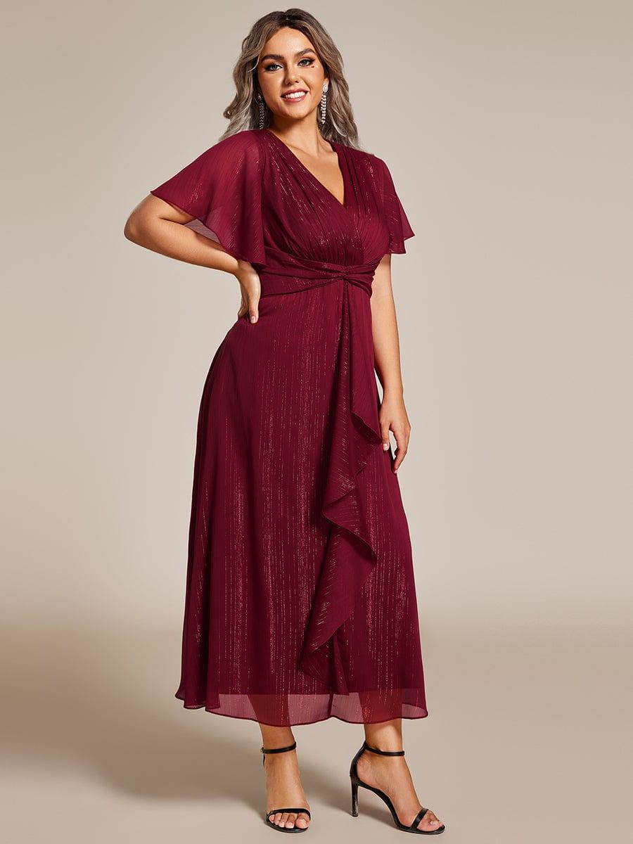 ever OPAHL|Silver Metallic Fabric V-Neck A-Line Wedding Guest Dress Featuring Delicate Ruffled Hem