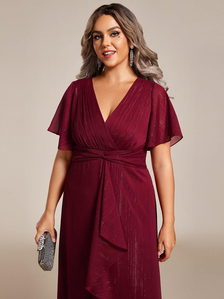 pretty OPAHL|Plus Size Silver Metallic Fabric V-Neck A-Line Wedding Guest Dress featuring Delicate Ruffled Hem