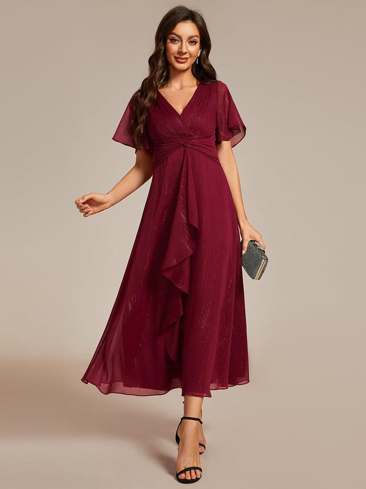 ever OPAHL|Silver Metallic Fabric V-Neck A-Line Wedding Guest Dress Featuring Delicate Ruffled Hem