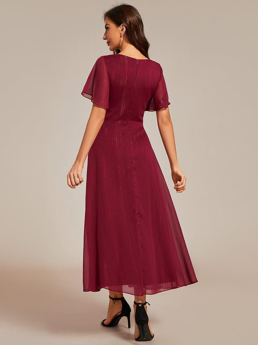 ever OPAHL|Silver Metallic Fabric V-Neck A-Line Wedding Guest Dress Featuring Delicate Ruffled Hem