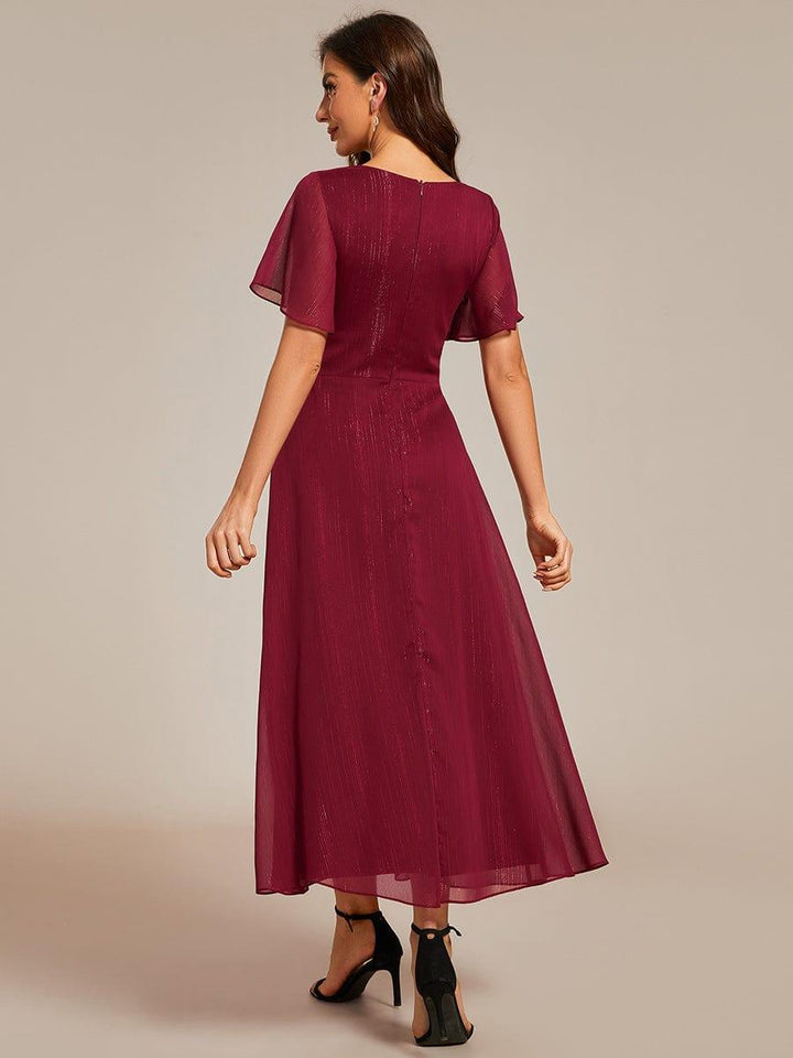 ever OPAHL|Silver Metallic Fabric V-Neck A-Line Wedding Guest Dress Featuring Delicate Ruffled Hem