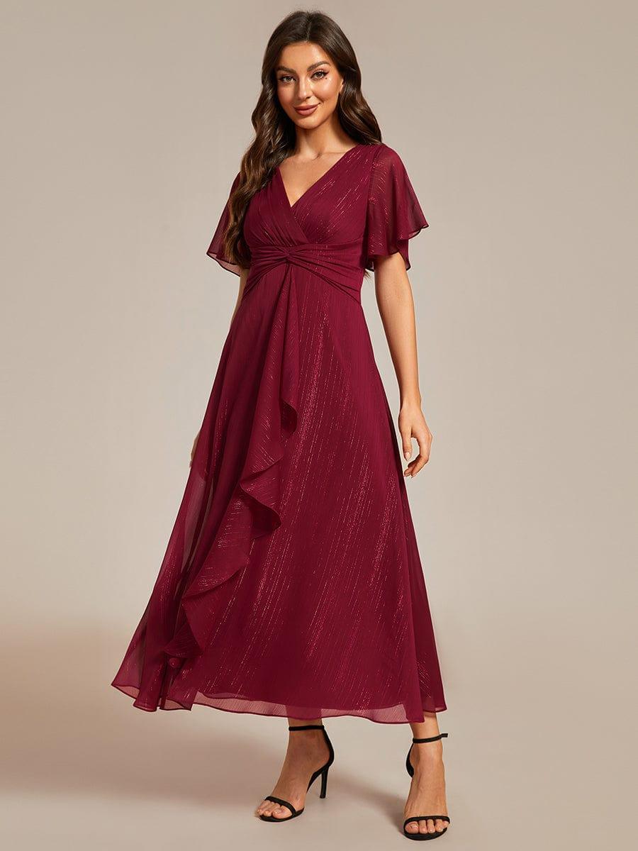 ever OPAHL|Silver Metallic Fabric V-Neck A-Line Wedding Guest Dress Featuring Delicate Ruffled Hem