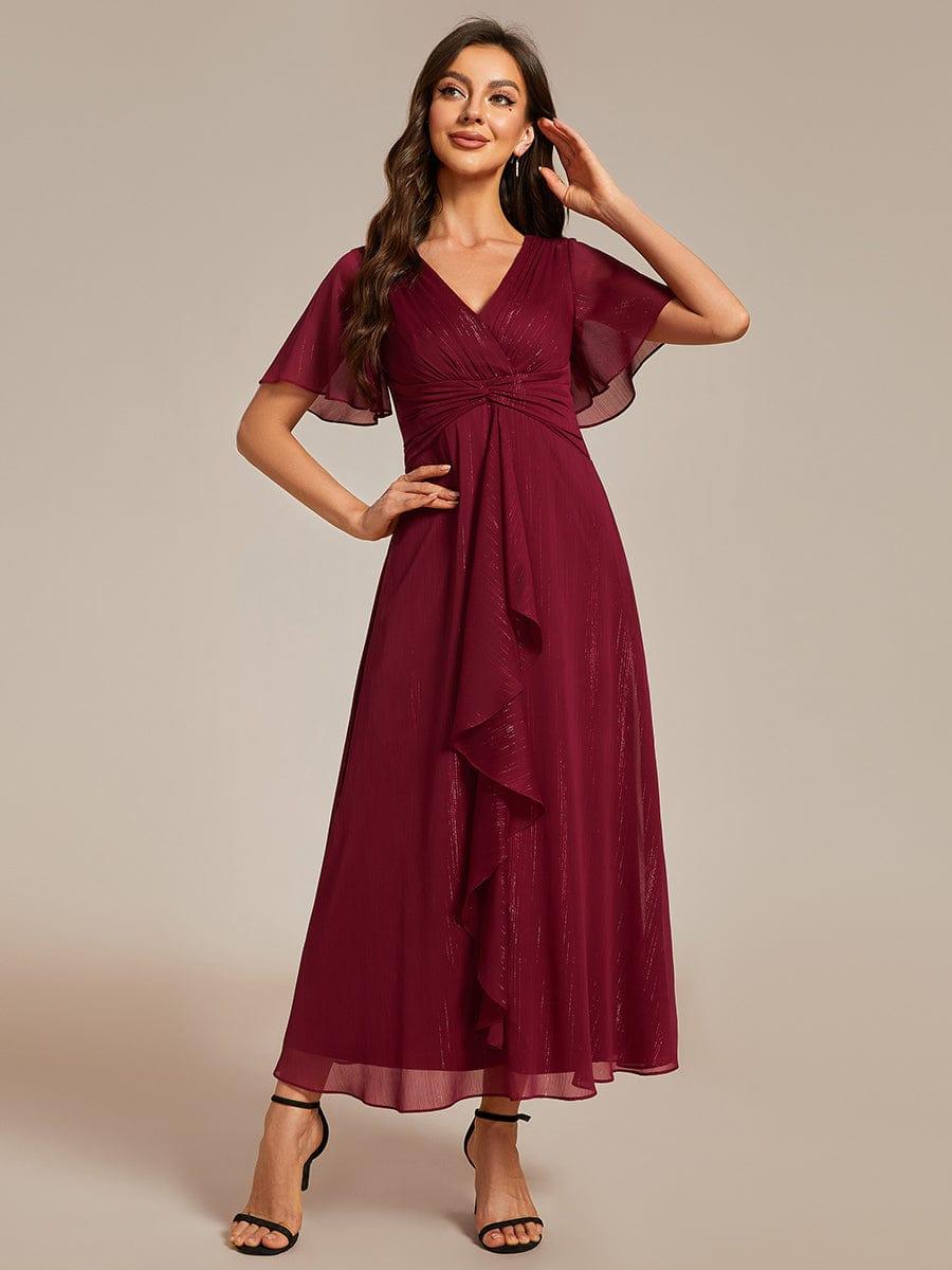 ever OPAHL|Silver Metallic Fabric V-Neck A-Line Wedding Guest Dress Featuring Delicate Ruffled Hem