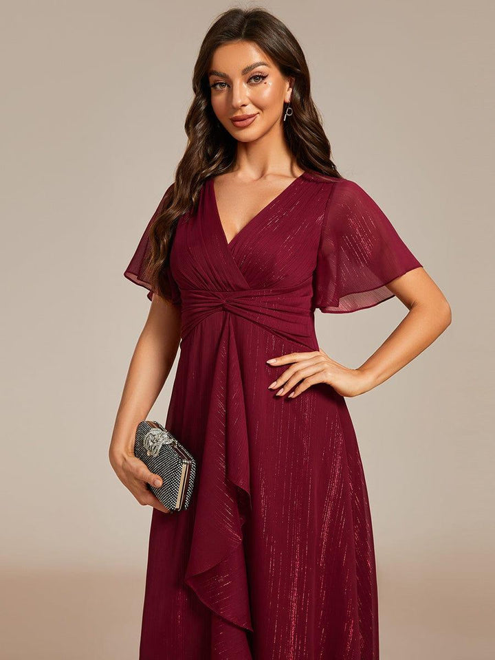 ever OPAHL|Silver Metallic Fabric V-Neck A-Line Wedding Guest Dress Featuring Delicate Ruffled Hem