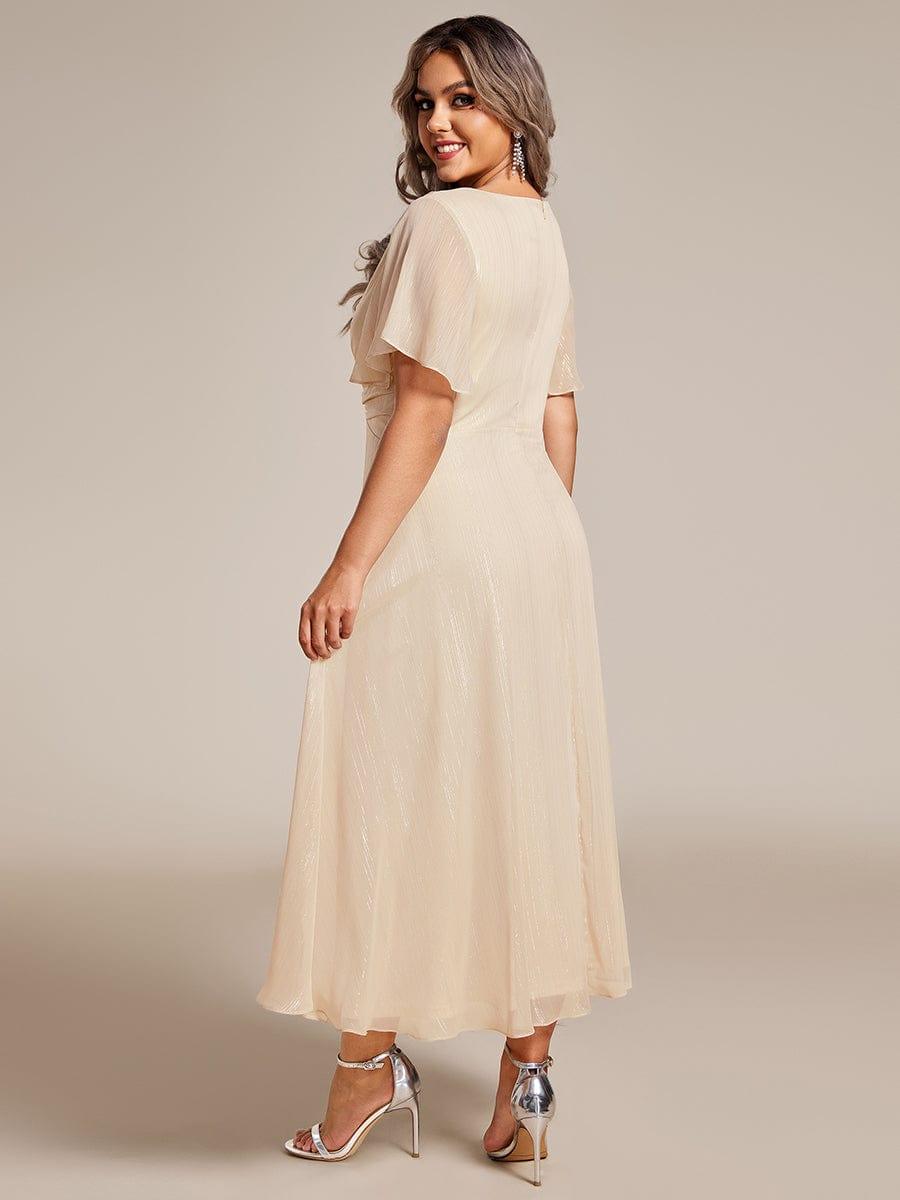 ever OPAHL|Silver Metallic Fabric V-Neck A-Line Wedding Guest Dress Featuring Delicate Ruffled Hem
