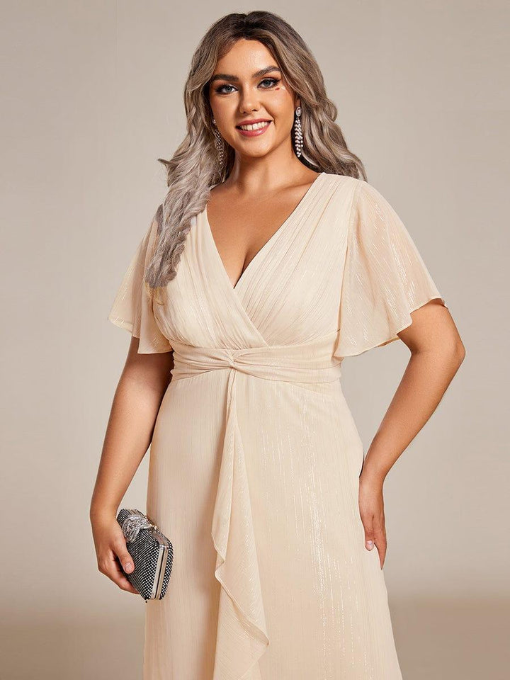 ever OPAHL|Silver Metallic Fabric V-Neck A-Line Wedding Guest Dress Featuring Delicate Ruffled Hem
