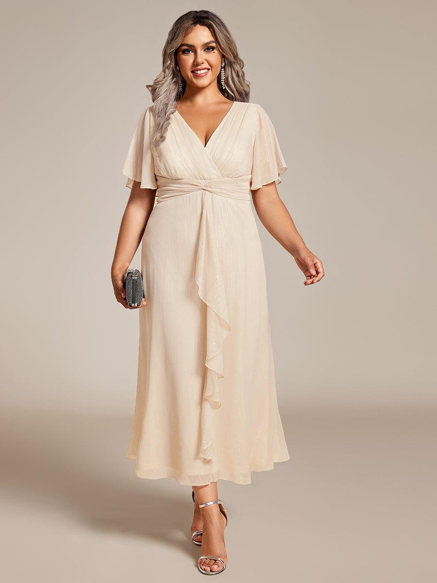 ever OPAHL|Silver Metallic Fabric V-Neck A-Line Wedding Guest Dress Featuring Delicate Ruffled Hem