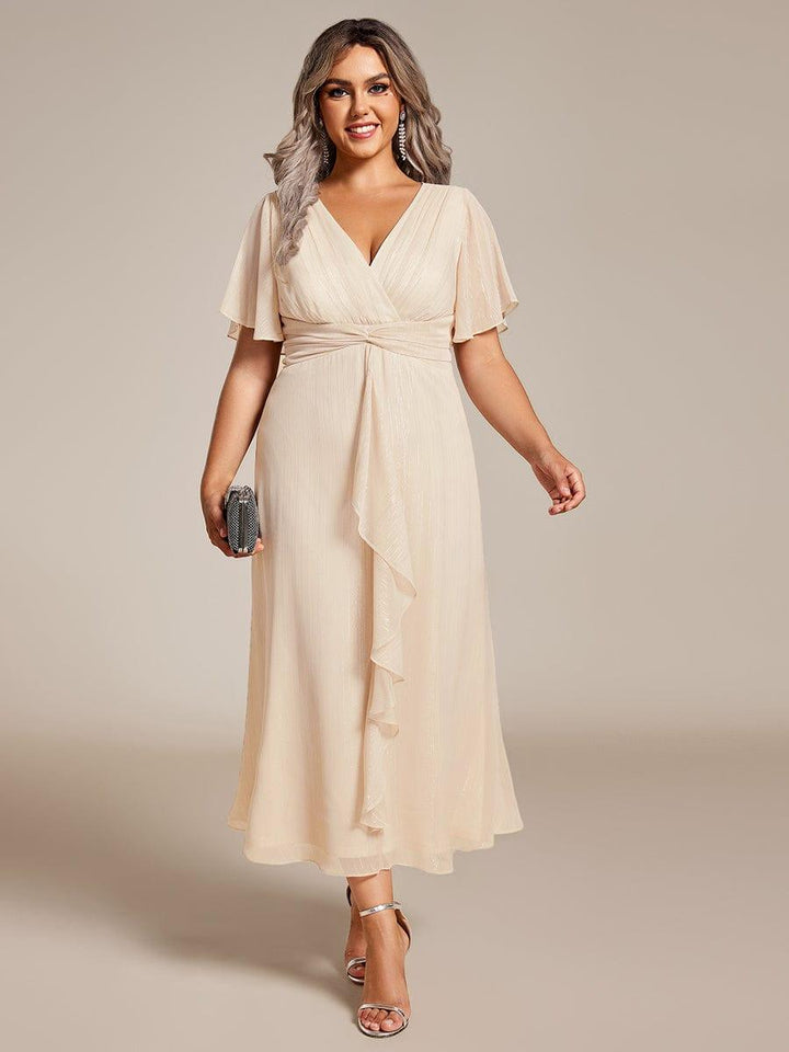 ever OPAHL|Silver Metallic Fabric V-Neck A-Line Wedding Guest Dress Featuring Delicate Ruffled Hem