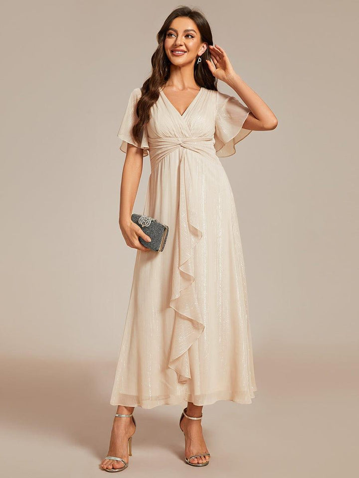 ever OPAHL|Silver Metallic Fabric V-Neck A-Line Wedding Guest Dress Featuring Delicate Ruffled Hem