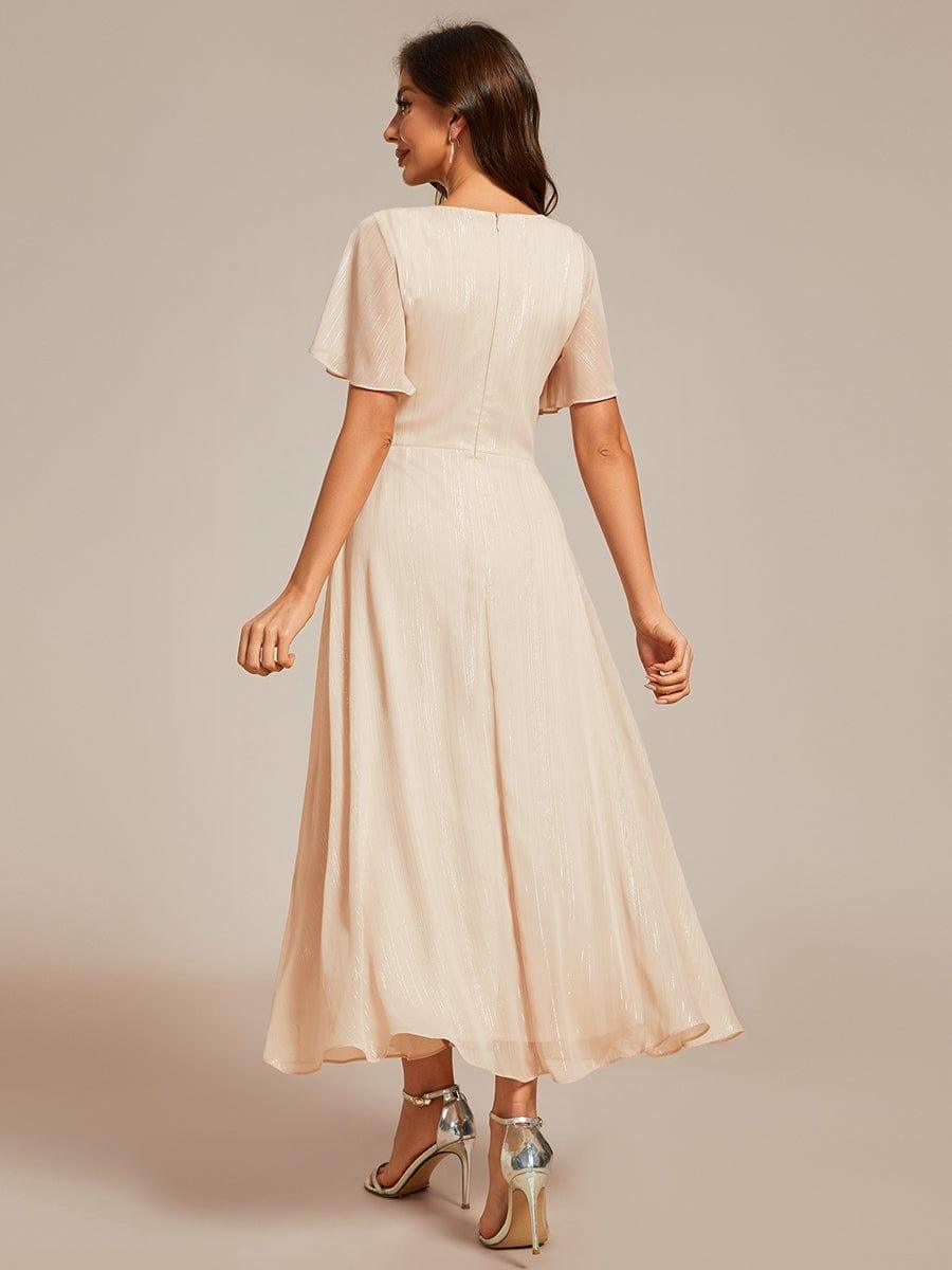 ever OPAHL|Silver Metallic Fabric V-Neck A-Line Wedding Guest Dress Featuring Delicate Ruffled Hem