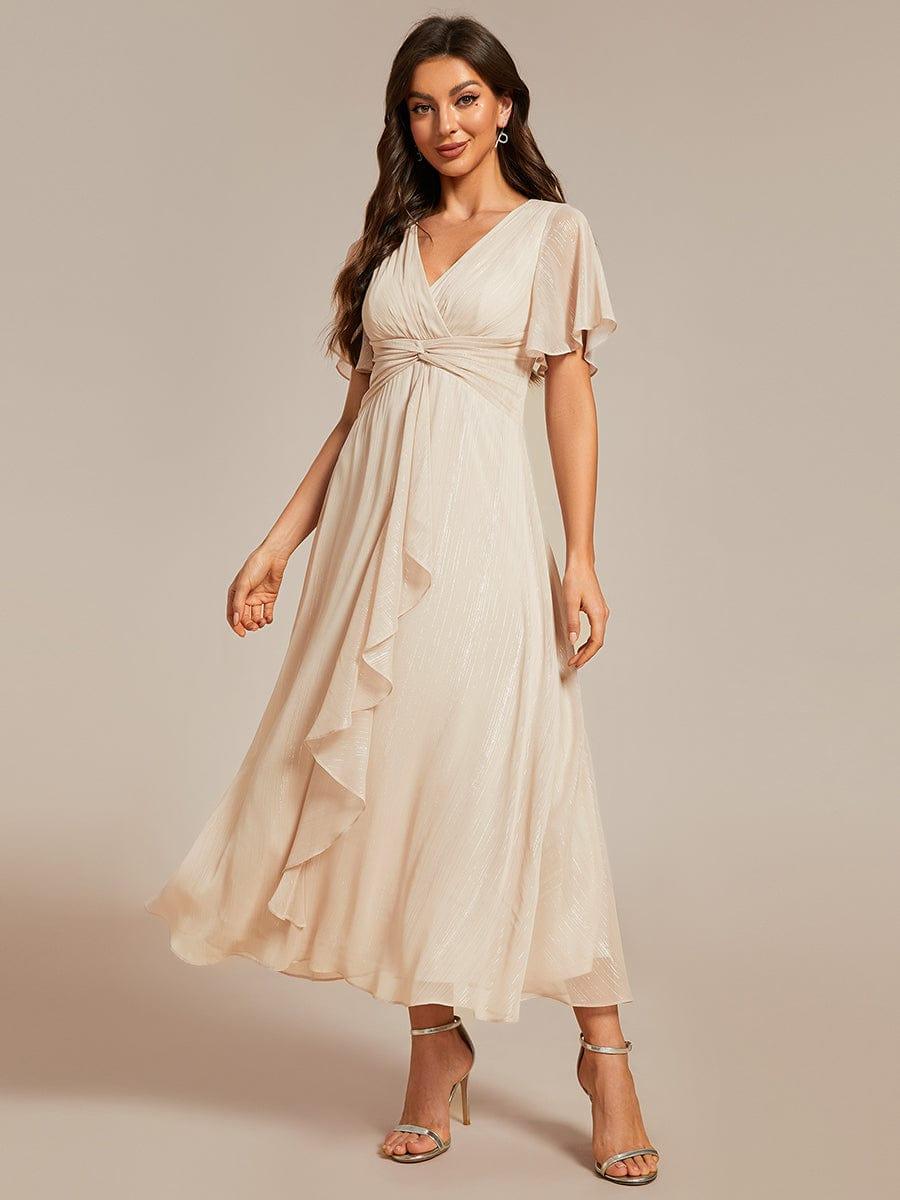 ever OPAHL|Silver Metallic Fabric V-Neck A-Line Wedding Guest Dress Featuring Delicate Ruffled Hem