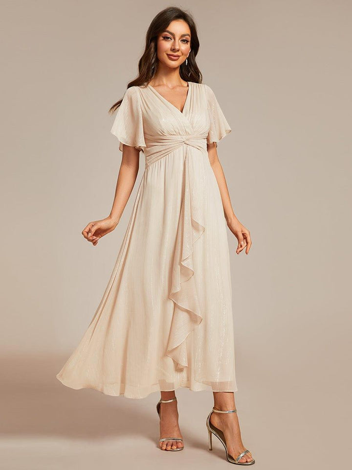 ever OPAHL|Silver Metallic Fabric V-Neck A-Line Wedding Guest Dress Featuring Delicate Ruffled Hem