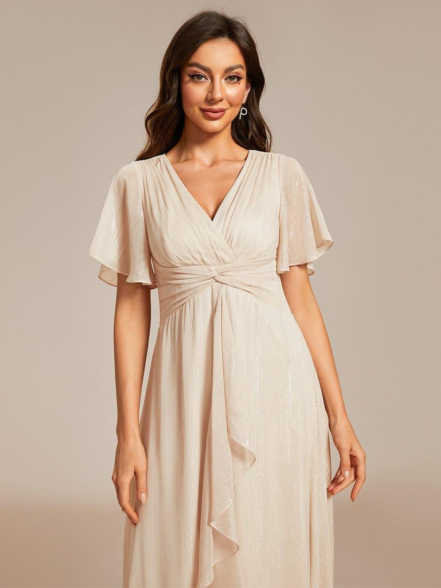 ever OPAHL|Silver Metallic Fabric V-Neck A-Line Wedding Guest Dress Featuring Delicate Ruffled Hem