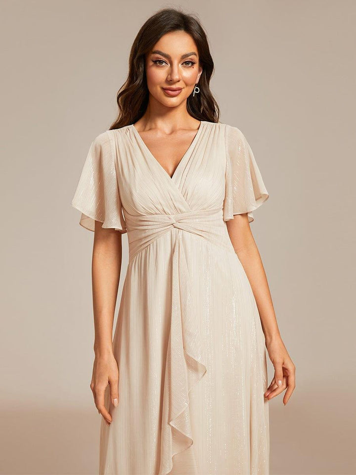 ever OPAHL|Silver Metallic Fabric V-Neck A-Line Wedding Guest Dress Featuring Delicate Ruffled Hem