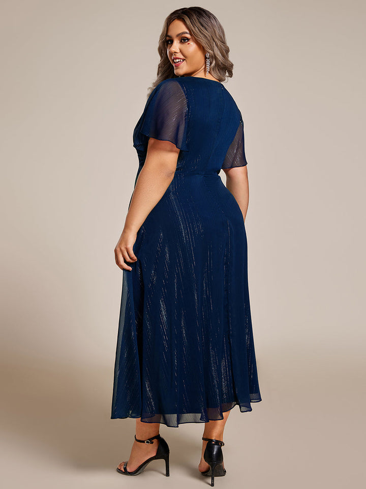 pretty OPAHL|Plus Size Silver Metallic Fabric V-Neck A-Line Wedding Guest Dress featuring Delicate Ruffled Hem