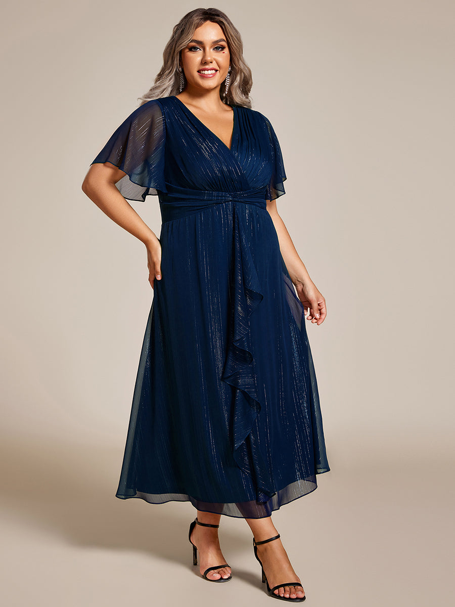 pretty OPAHL|Plus Size Silver Metallic Fabric V-Neck A-Line Wedding Guest Dress featuring Delicate Ruffled Hem