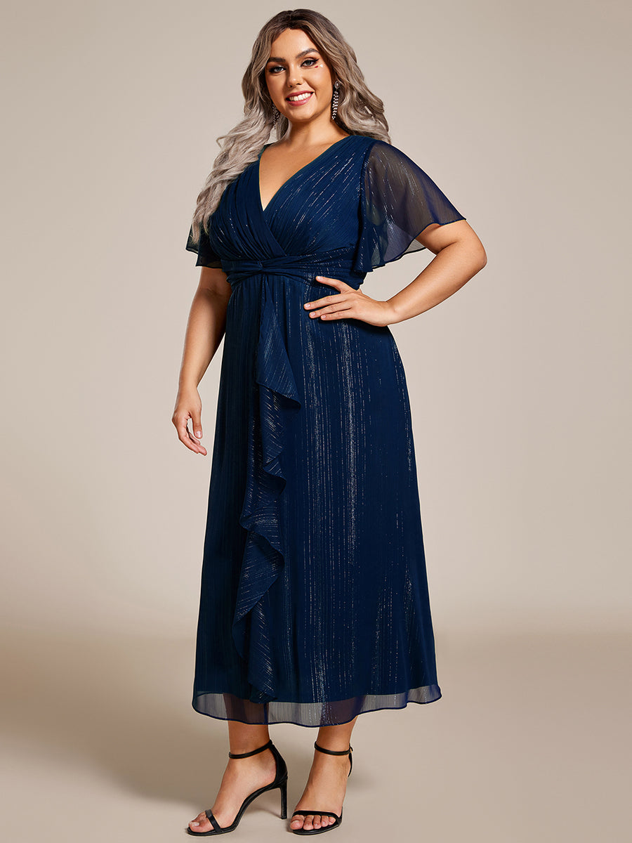 pretty OPAHL|Plus Size Silver Metallic Fabric V-Neck A-Line Wedding Guest Dress featuring Delicate Ruffled Hem