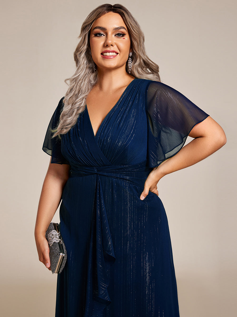 pretty OPAHL|Plus Size Silver Metallic Fabric V-Neck A-Line Wedding Guest Dress featuring Delicate Ruffled Hem