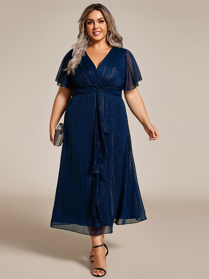 ever OPAHL|Silver Metallic Fabric V-Neck A-Line Wedding Guest Dress Featuring Delicate Ruffled Hem
