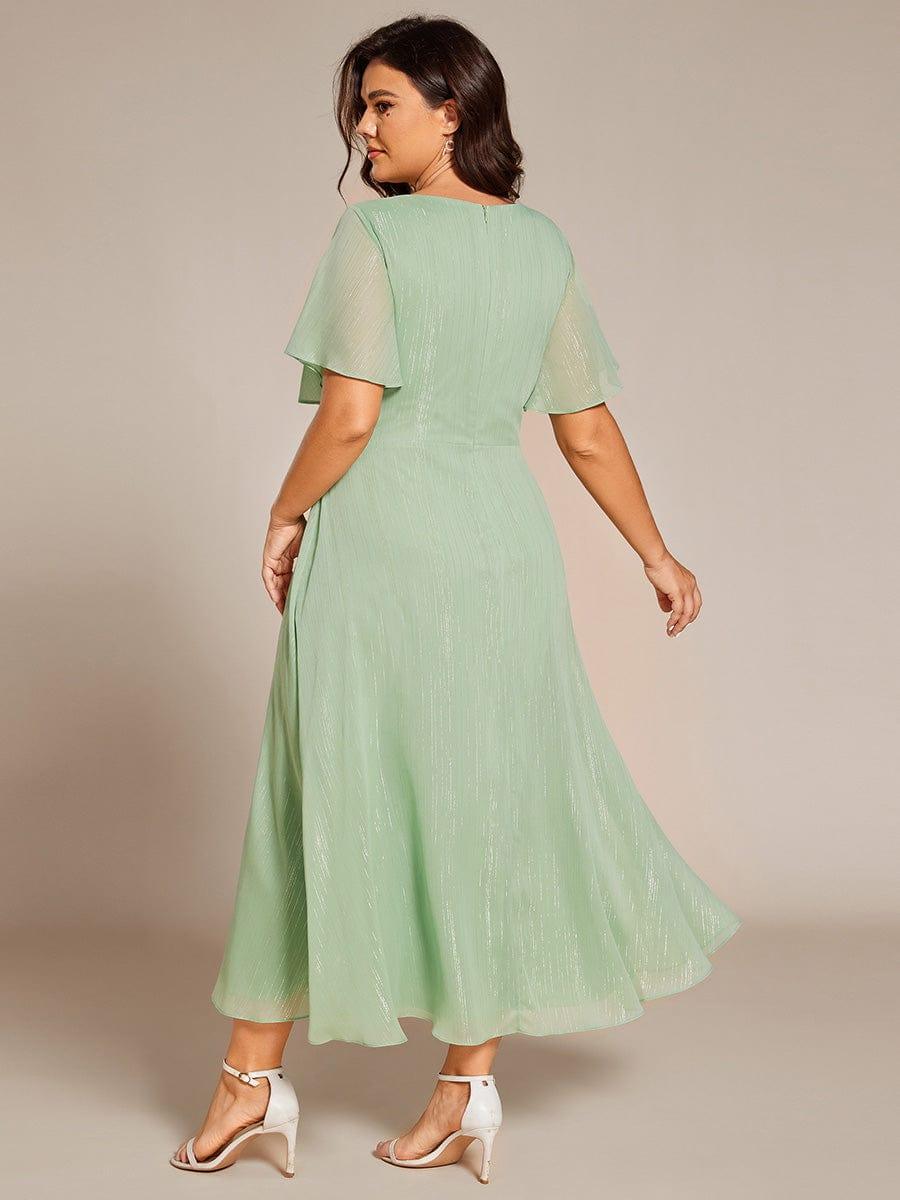 ever OPAHL|Silver Metallic Fabric V-Neck A-Line Wedding Guest Dress Featuring Delicate Ruffled Hem