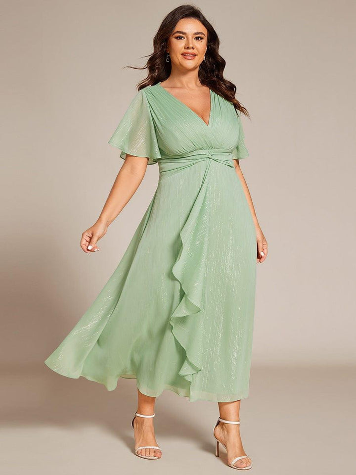 pretty OPAHL|Plus Size Silver Metallic Fabric V-Neck A-Line Wedding Guest Dress featuring Delicate Ruffled Hem