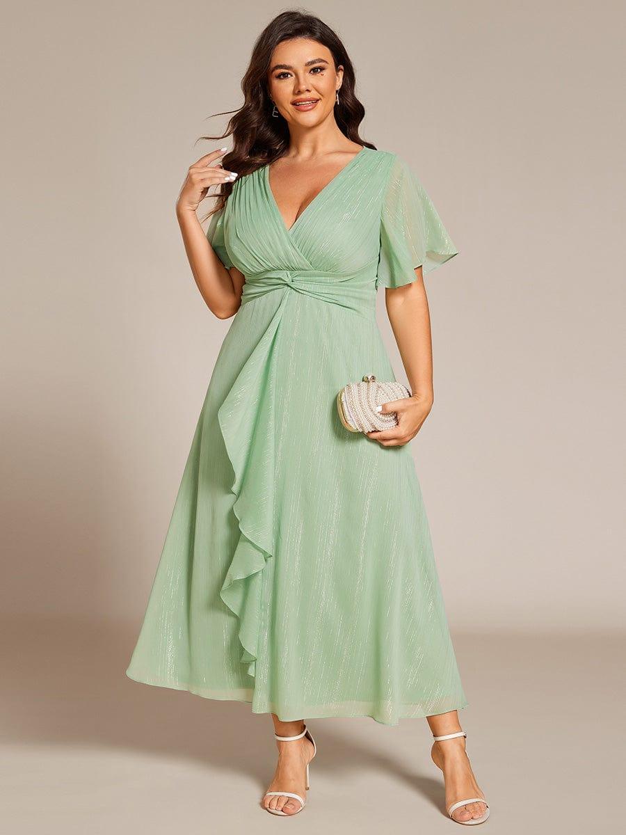 ever OPAHL|Silver Metallic Fabric V-Neck A-Line Wedding Guest Dress Featuring Delicate Ruffled Hem