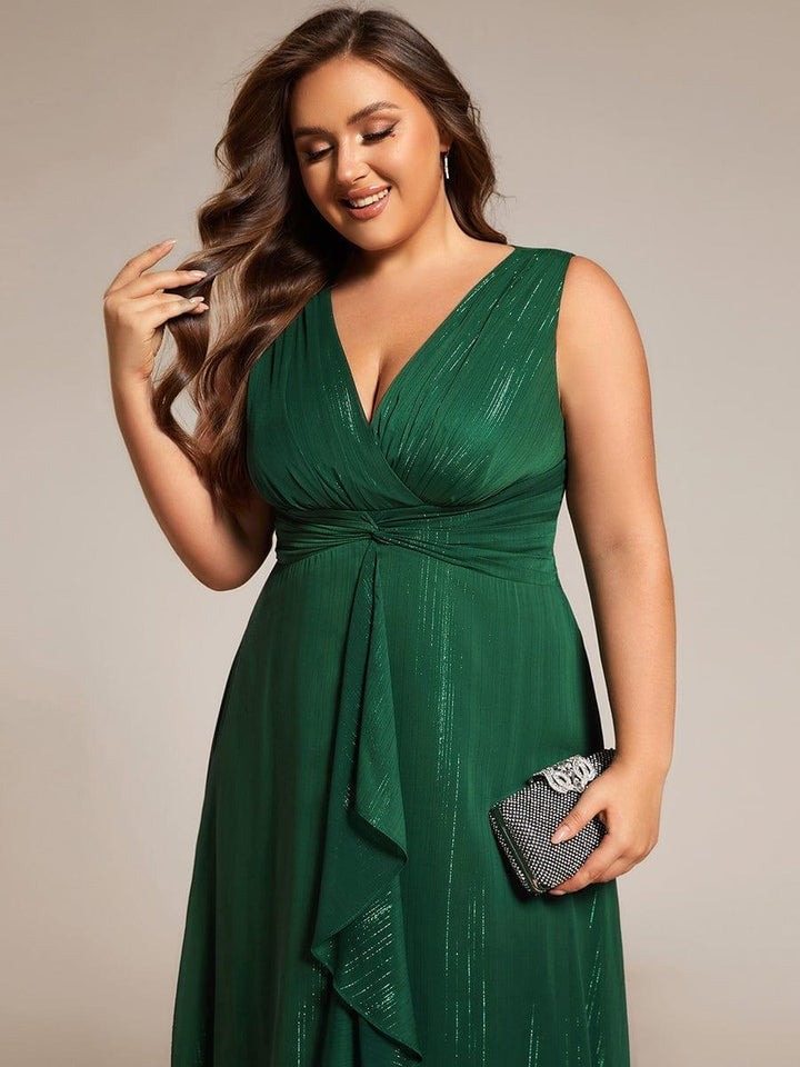ever MEI|Glitter Sleeveless A-Line Midi Wedding Guest Dress with Ruffled Hem