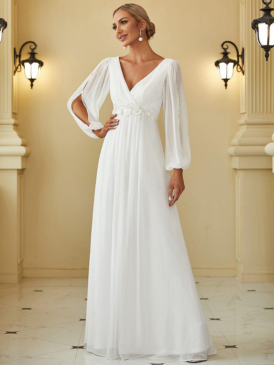 ever AMOUR|Elegant Chiffon V-Neckline Long Sleeve Wedding Guest Dress