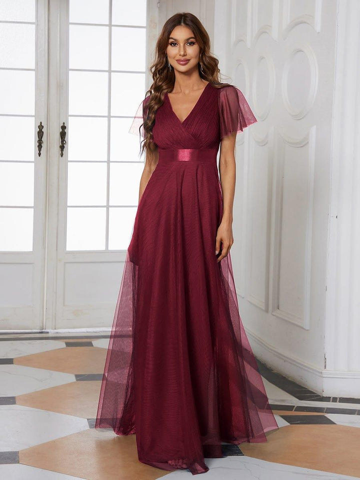 ever MISTE|Double V-Neck Floor-Length Short Sleeve Tulle Bridesmaid Dresses