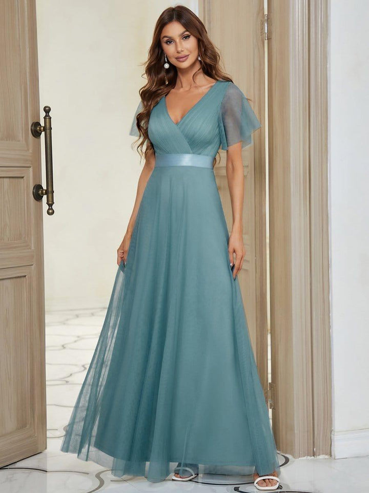 ever MISTE|Double V-Neck Floor-Length Short Sleeve Tulle Bridesmaid Dresses