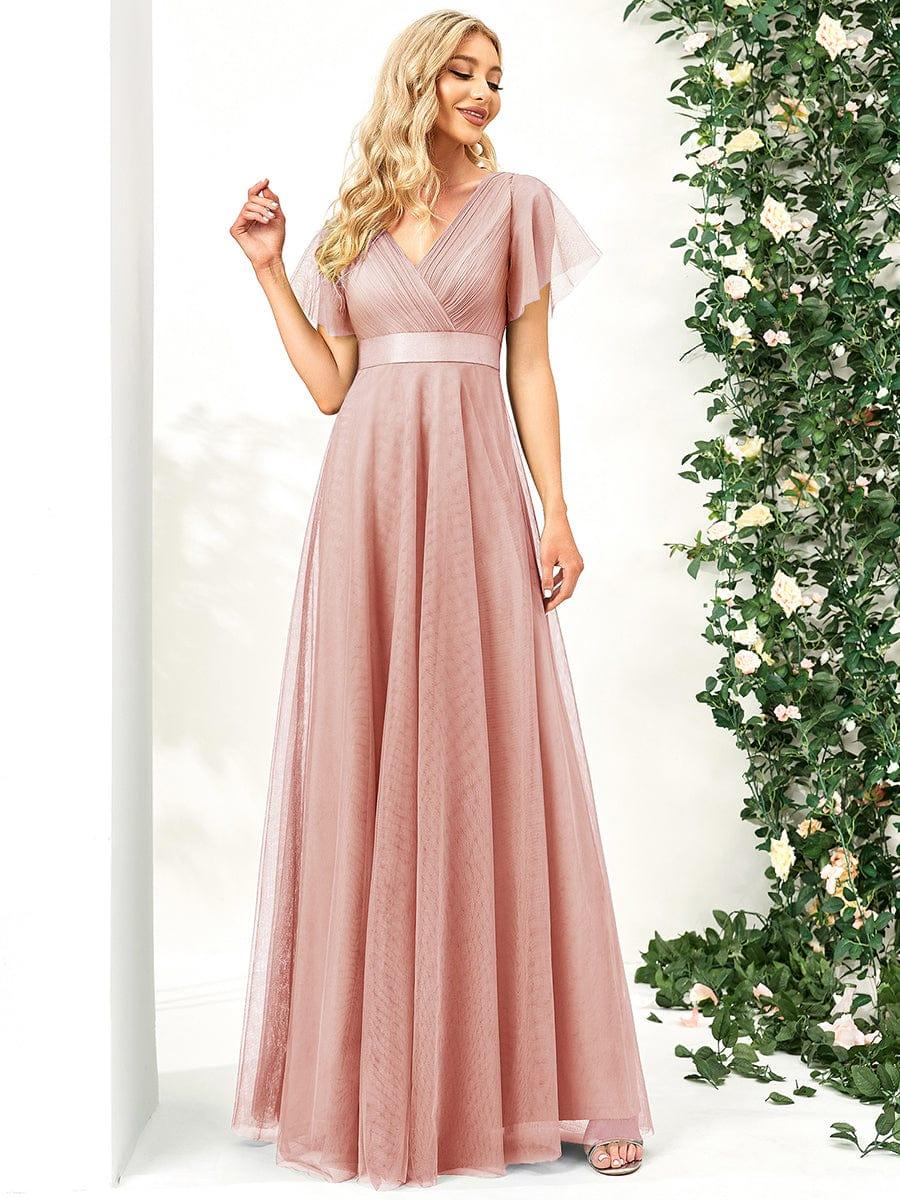 ever MISTE|Double V-Neck Floor-Length Short Sleeve Tulle Bridesmaid Dresses