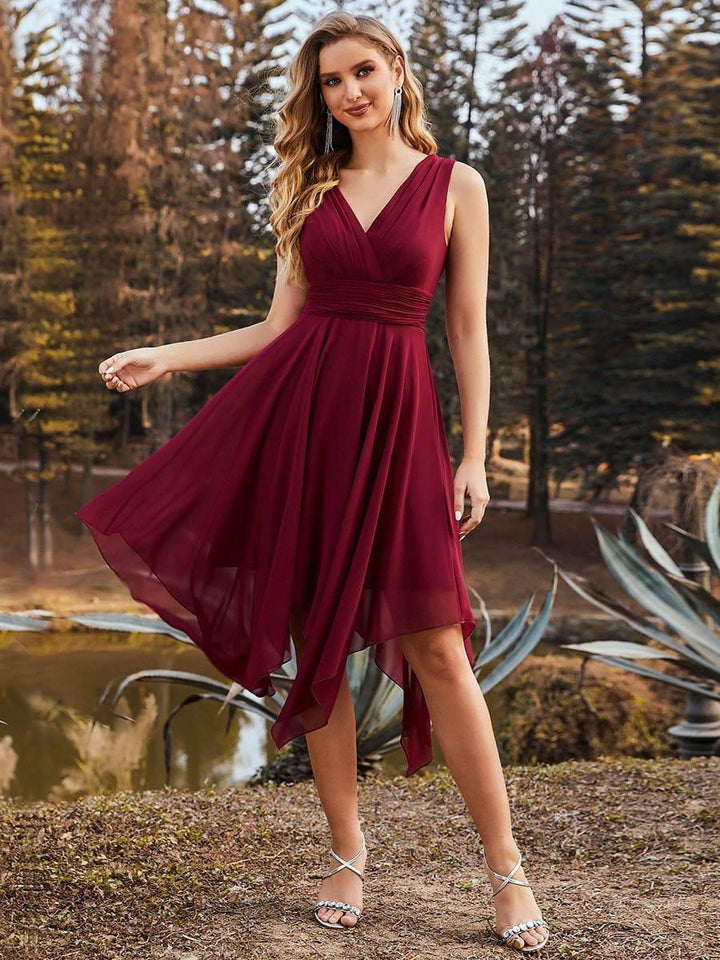 ever ELORA|V Neck Ruched Asymmetrical Hems Midi Chiffon Bridesmaid Dress