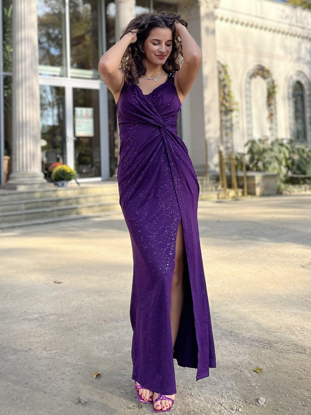 ever NOIRE|Glitter V-Neck High Slit Sequin Shoulder Strap Wedding Guest Dress